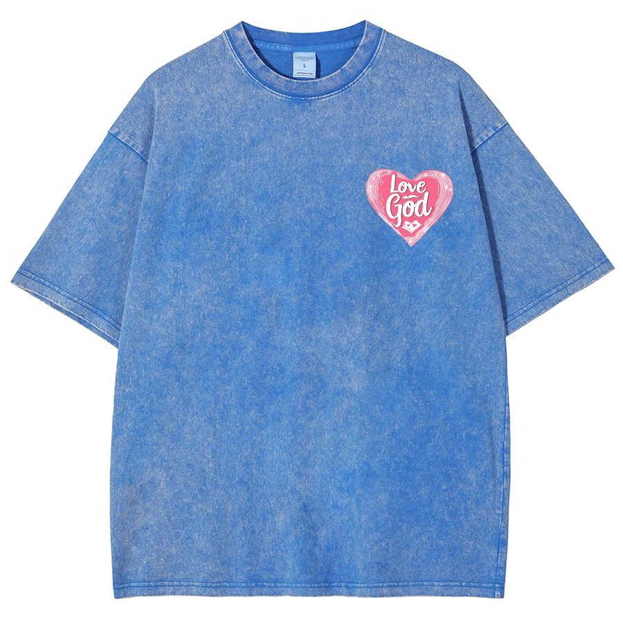 Love God Y2k Washed Short Sleeves T-Shirt, Cartoon Creative Printed Unisex Vintage Streetwear New Fashion Casual Plus Size Tops