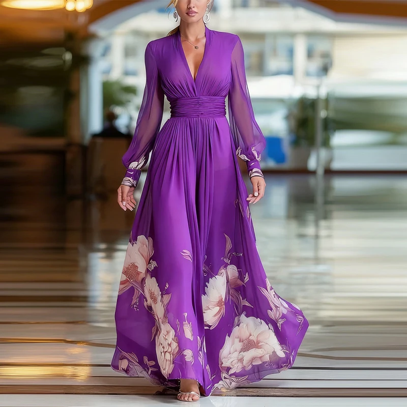 

Fashion Floral Print High Waist Swing Robe Dress Women Sexy V Neck Pleated Mesh Long Dress Vintage Spring Vacation Beach Dresses