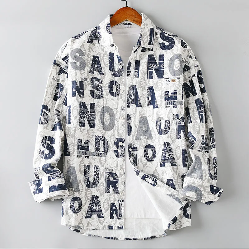 

Мужская хлопковая рубашка с длинным рукавом, повседневный свободный крой, японская цветочная вышивка, весна-осень, новая модная молодежная модель, влагоотводящая.