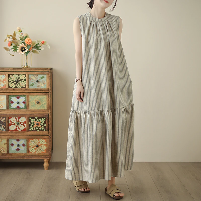 Vestido de Aodão e Linho Colorido com Saia em Camadas, Decote nas Costas, tras Verticais, Casual, Solto, Cintura A-Line,...