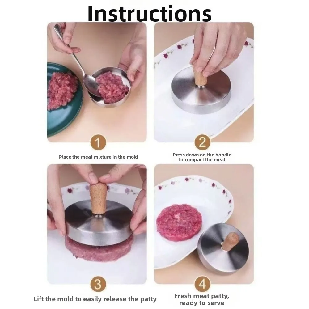 Round Hamburger Patty Maker Mold Non-Stick Stainless Steel Burger Meat Press Thickness Adjustable Wood Handle Patties Maker