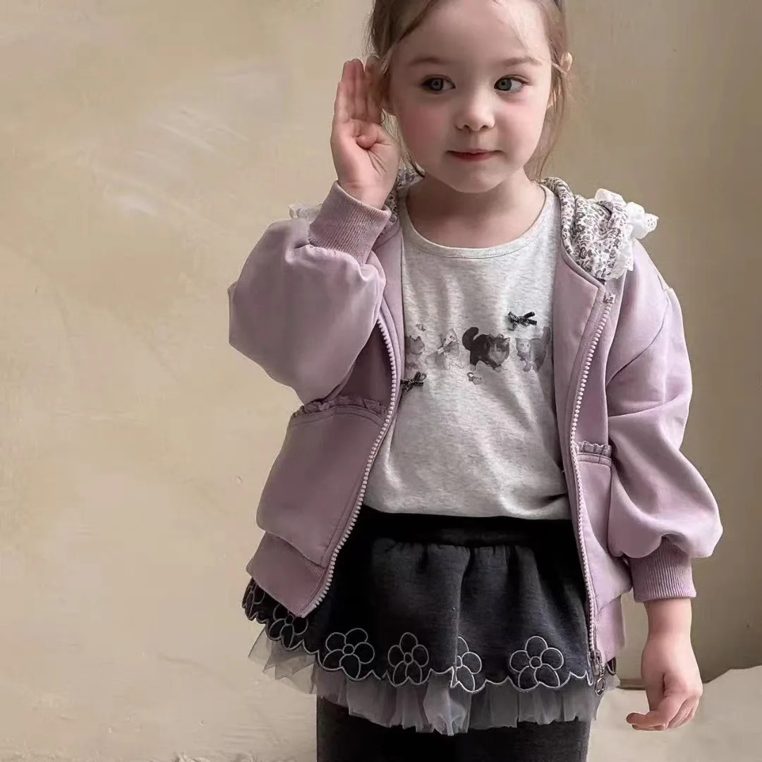 2025 Autumn New Children Long Sleeve Casual Coat Cotton Girls Lace Hooded Coat Cute Baby Girl Zipper Jacket Fashion Kids Clothes