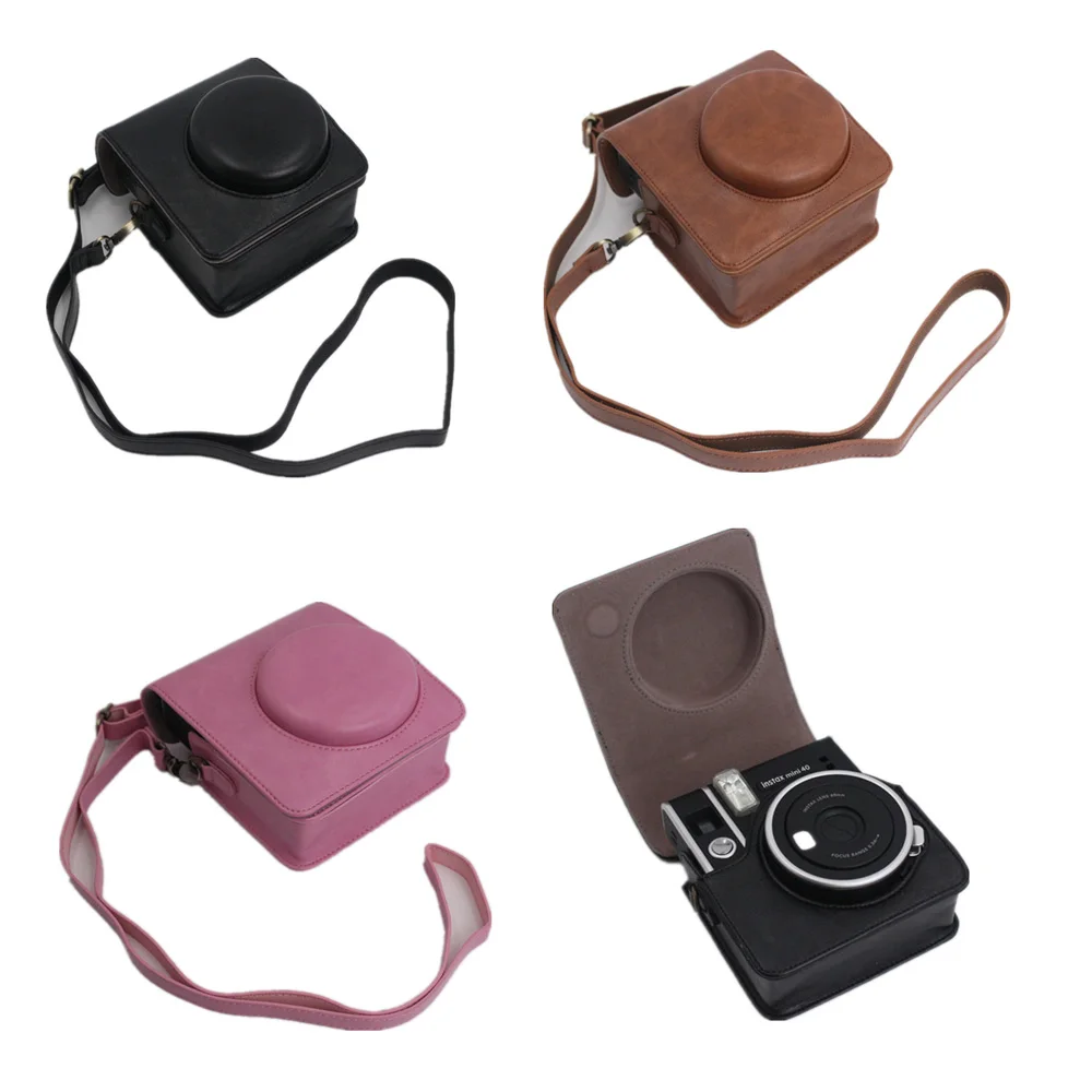 Retro Camera Bag PU Leather Case For Fujifilm Instax Mini 40 Camera Protective Cover With Shoulder Straps Black/Brown/Pink