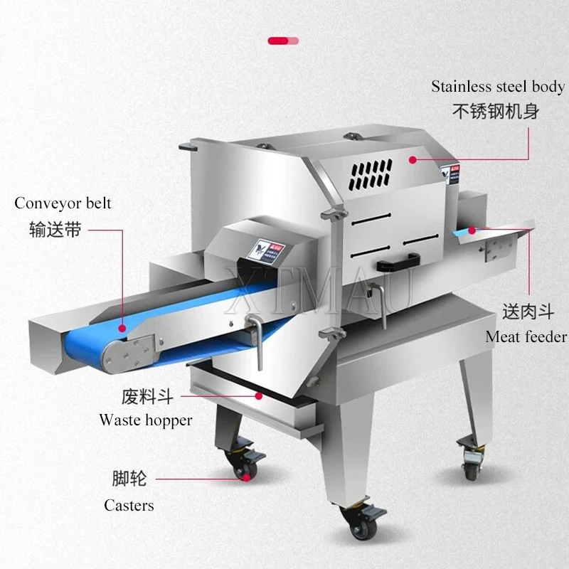 เครื่องหั่นเนื้อแบบอัตโนมัติสำหรับการค้าไส้กรอกหมูสุกแฮมเครื่องหั่นเนื้อขนาดเล็กแช่แข็ง