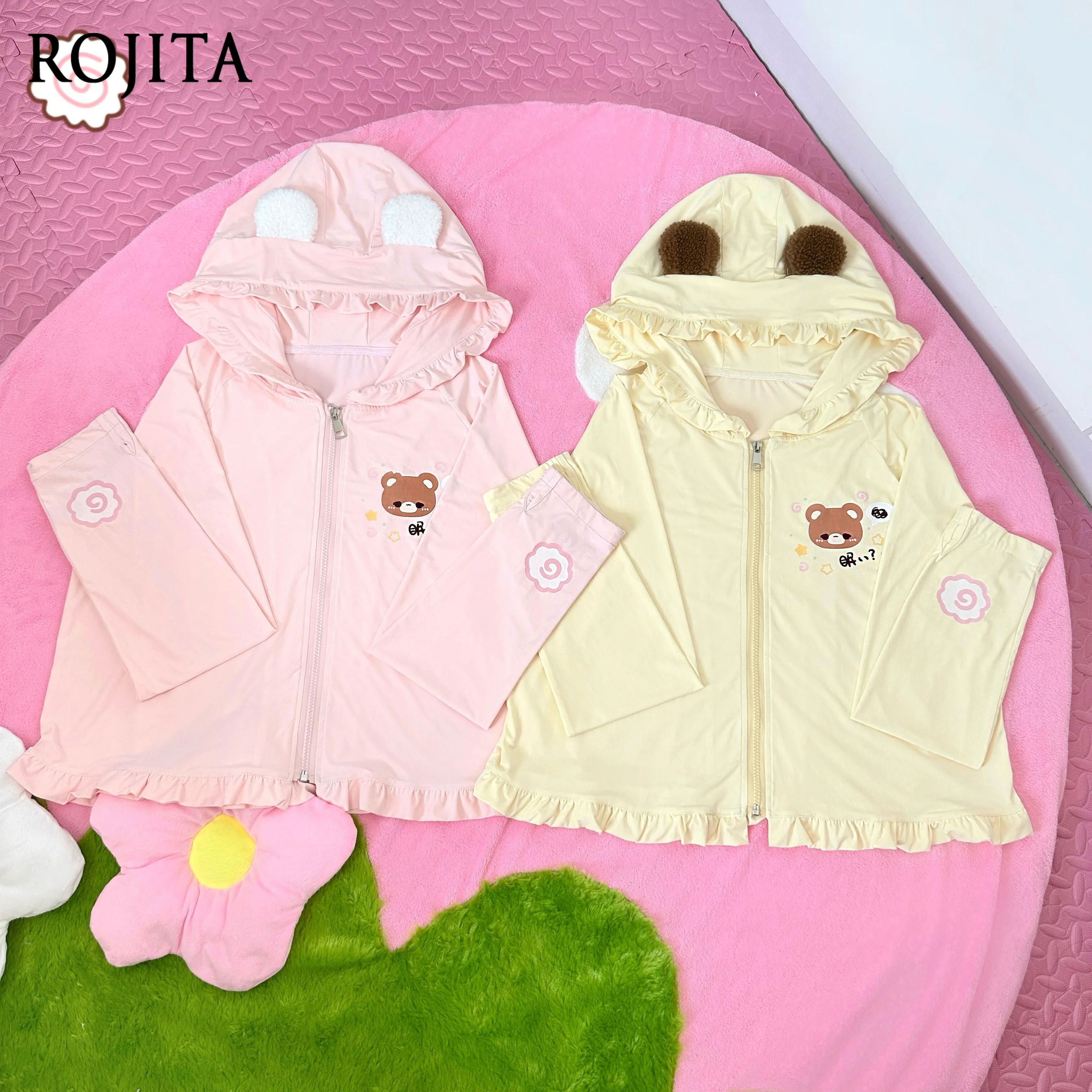 

Japanese Style Cute Soft Girl Sun Protection Bear Ear Thin Zipper Hooded Jacket Pink Bear Ear Sun Protection Clothing Women
