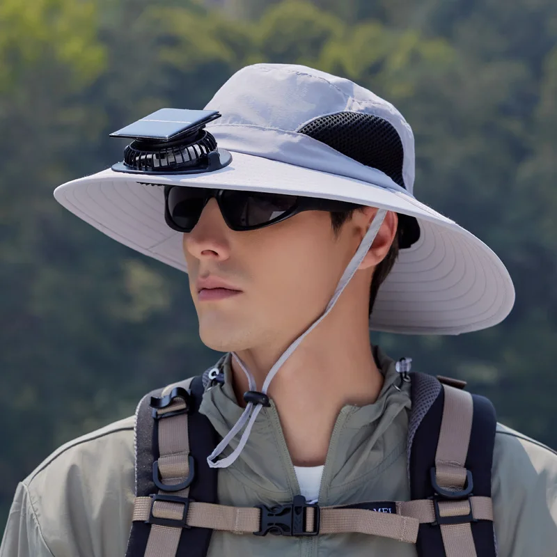 Nueva gorra de ventilador Solar de verano, sombrero de cubo de secado rápido para hombres, gorra de protección solar de pesca fresca al aire libre, sombrero de pescador de ala grande para hombre