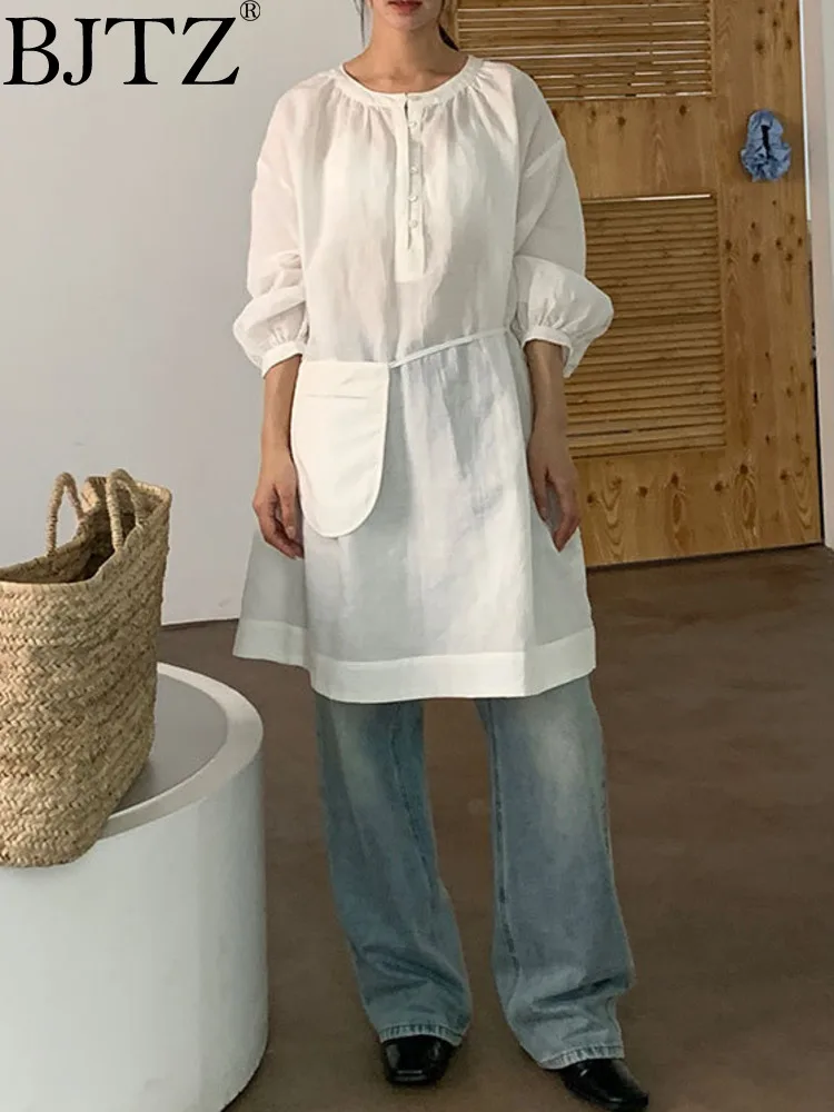 

BJTZ Dressed For Women's 2024 Summer New Long Sleeved Loose Linen Loose Casual Versatile Mid Length Dress HL843