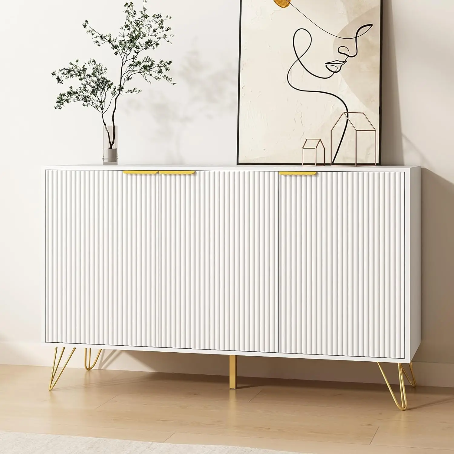 

Большой буфет-буфет с диагональю 47,2 дюйма и местом для хранения вещей, шкаф для хранения с 3 рифлеными дверцами