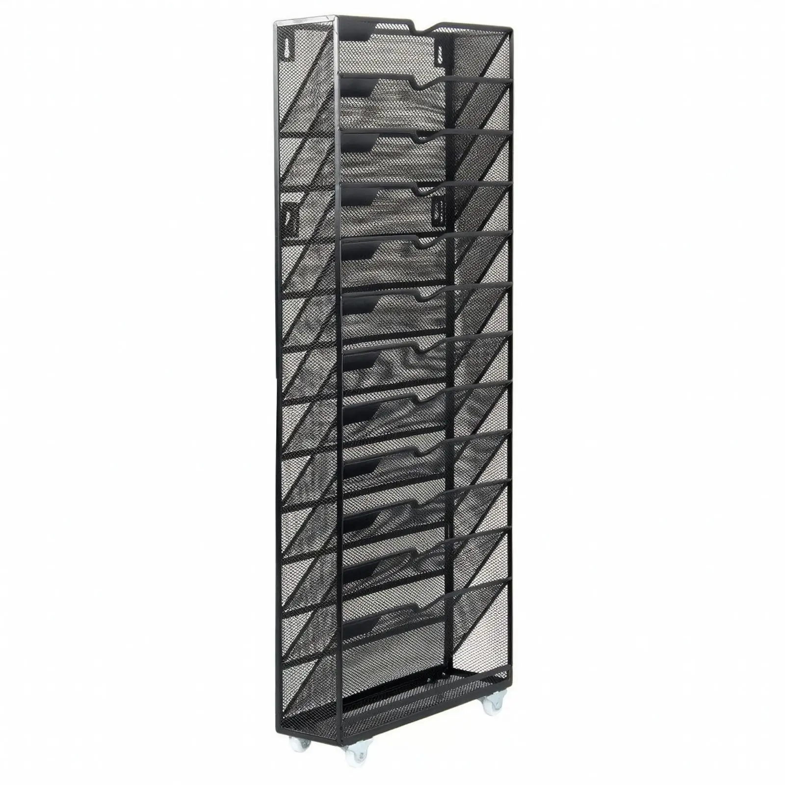 Vertical Book Organizer with Wheels Open Front Slanted Compartment Document Rack Metal Mesh File Organizer Slim for Students
