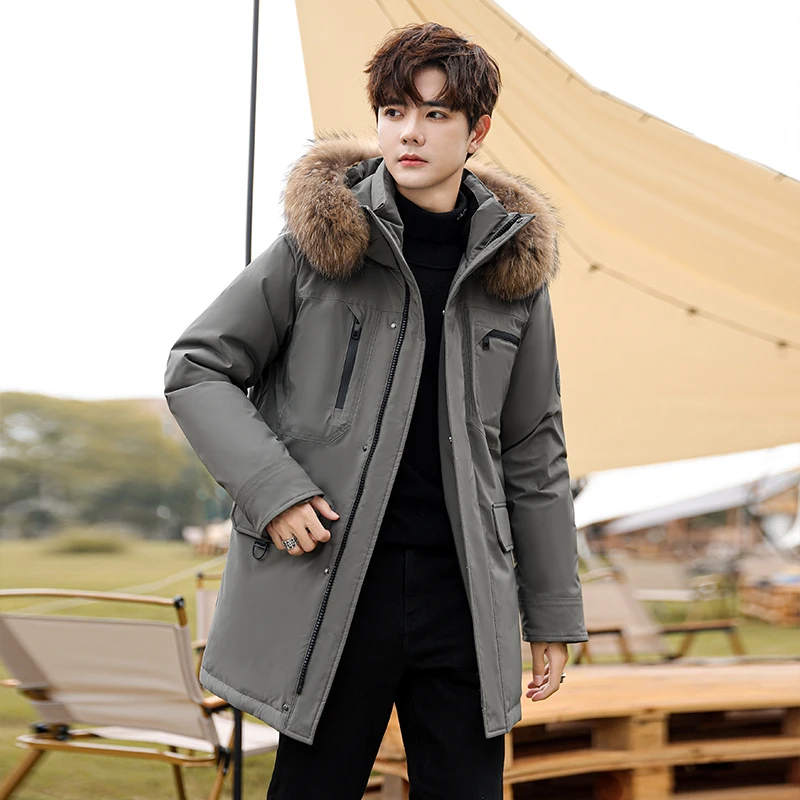 Tooling down jacket, 90 white duck down hooded medium length warm fashion personality three-dimensional pocket men's coat 2024