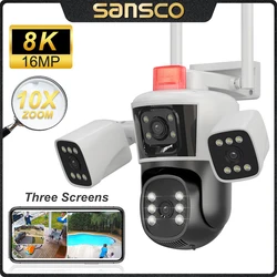 SANSCO 6K 12MP Three Lens WIFI PTZ Camera Three Screen Auto Tracking Outdoor 6MP Security Surveillance IP Camera IPC360 Home