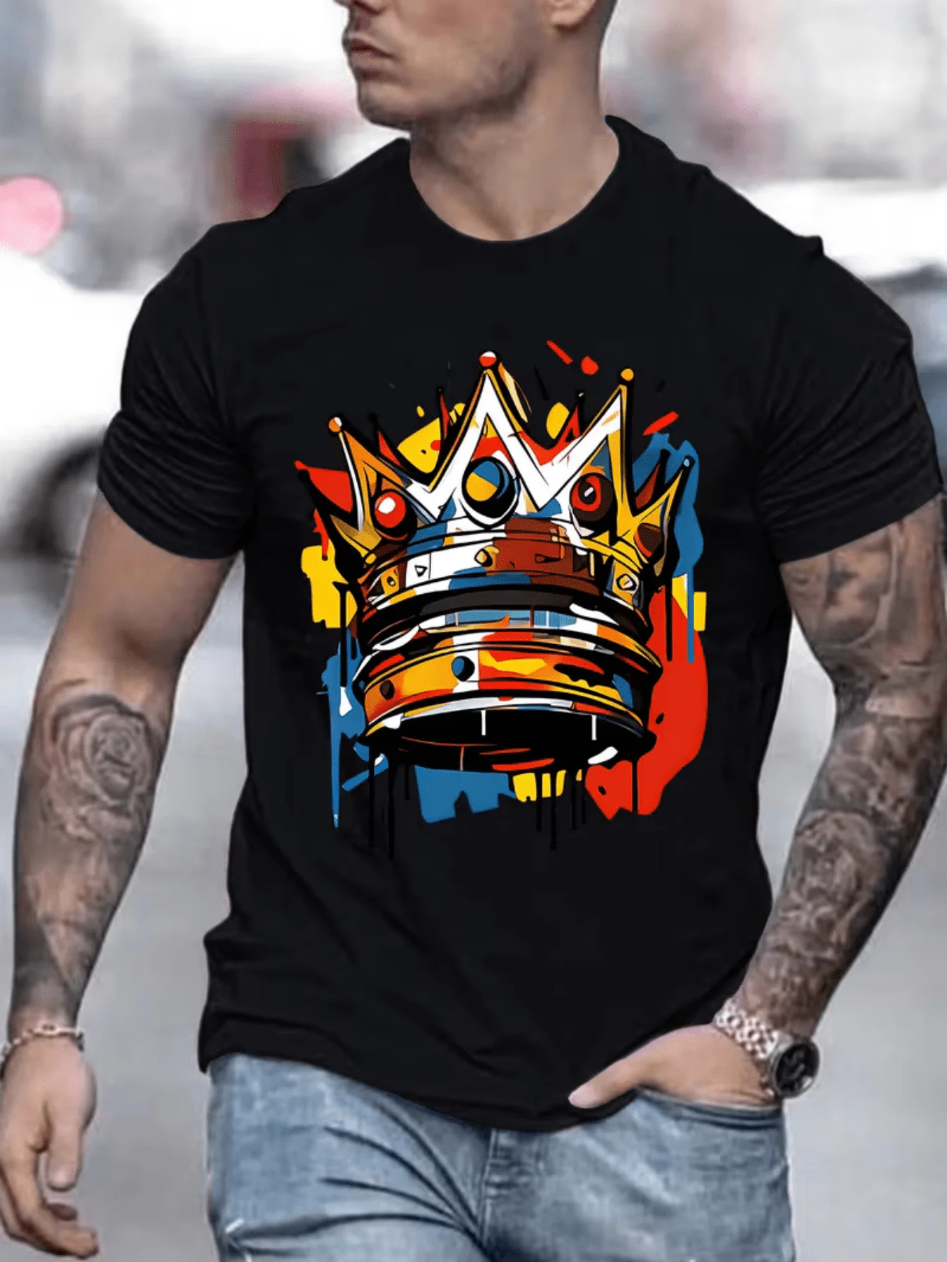 Colorful Graffiti Crown Graphic Mens T Shirt Street Splash Paint Art Short Sleeve Crew Neck Cotton Tee Urban Casual Top