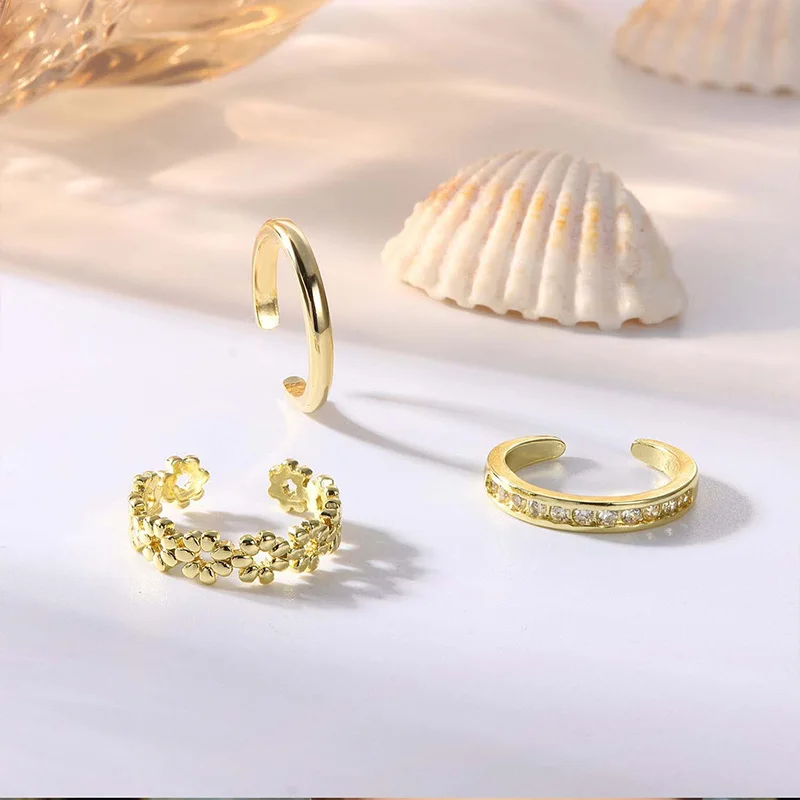 Juego de anillos de dedo del pie para mujer, 3 piezas, chapado en oro de 14K, ajustable, Simple, CZ, flor, joyería de playa de verano