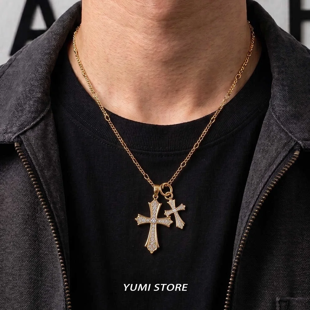 Hip Hop Double Zircon Cross Pendant Necklace For Man Woman Luxury Non Fading Titanium Clavicle Chain Couple Jewelry Lover's Gift