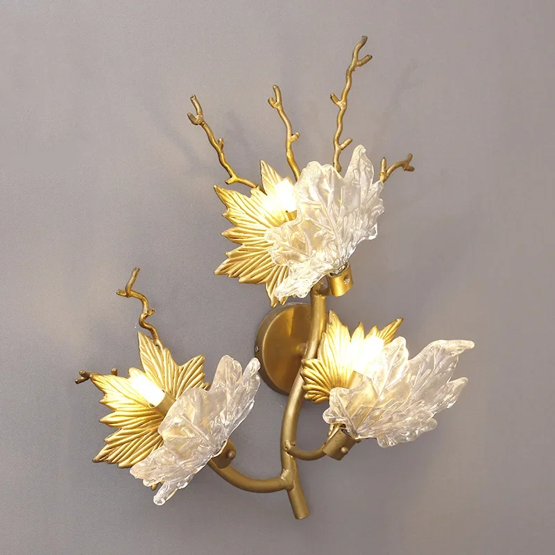 Creative Luxury Golden Branches Aluminum Maple Leaves with Crystal LED Wall Lamp Flower Blossom Background Lamp Living Room