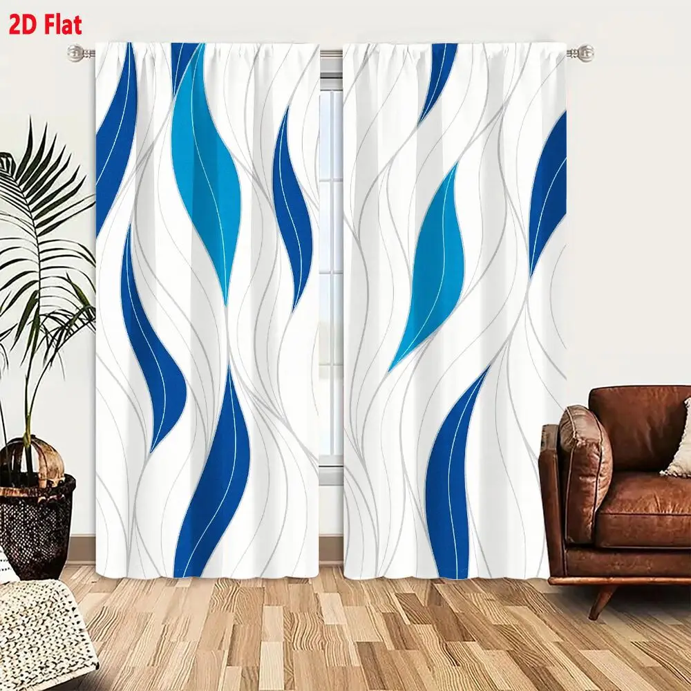 2Pcs Curtains 2D Flat Abstract Pattern With Wavy Leaf - Like Shapes In White Blue And Gray Smooth Flowing Design Window Drapes f