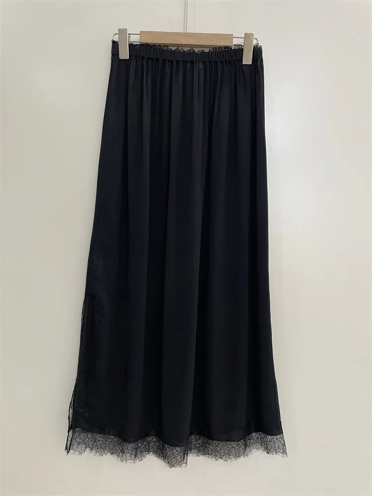 Side Slit Women's 100% Viscose Midi Skirt Elastic Waist Lace Splice Fashion 2026 Early Autumn Long Jupe for Female