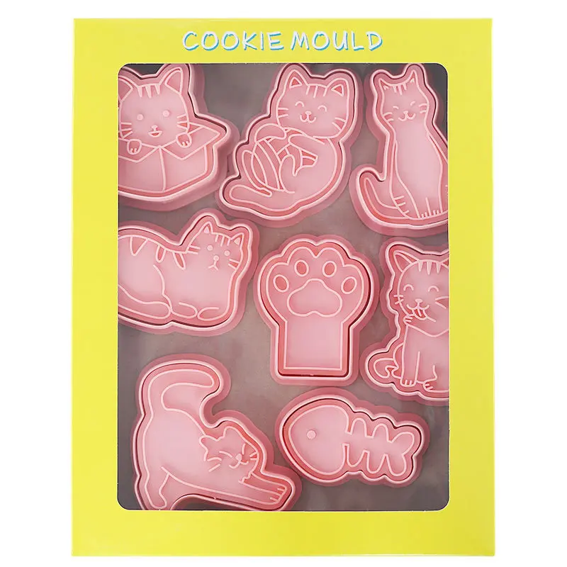 8Pcs Cat Cookie Mold Set Cartoon Cat Claw Fish Bone Shape Cookie Stamp Fondant Cake Decoration Tools 3D Hand Pressure Plastic