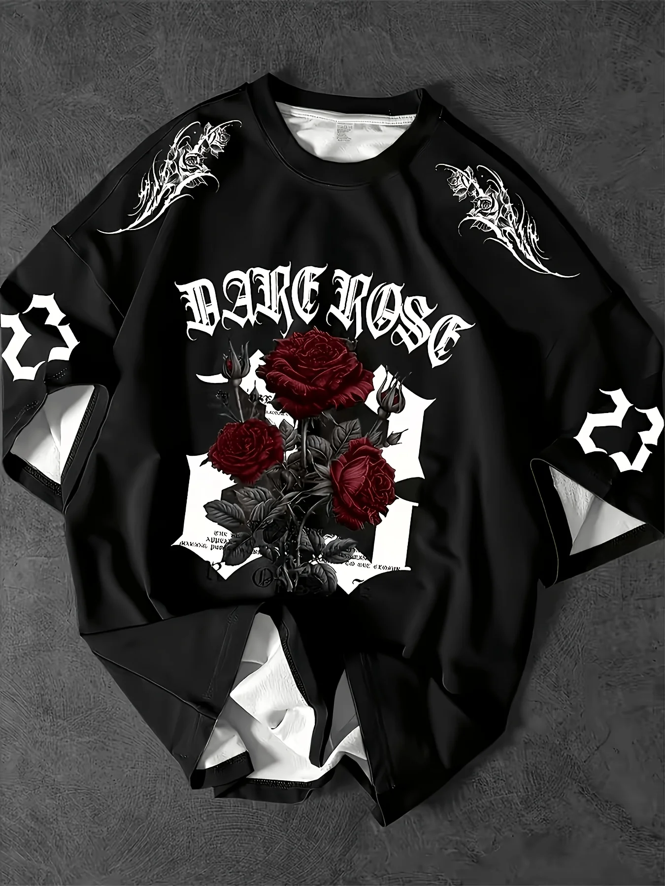 New Men's Dark Rose Letter Print T-Shirt Streetwear Hip-Hop Red Rose Design Round-Neck Summer Short-Sleeve Top