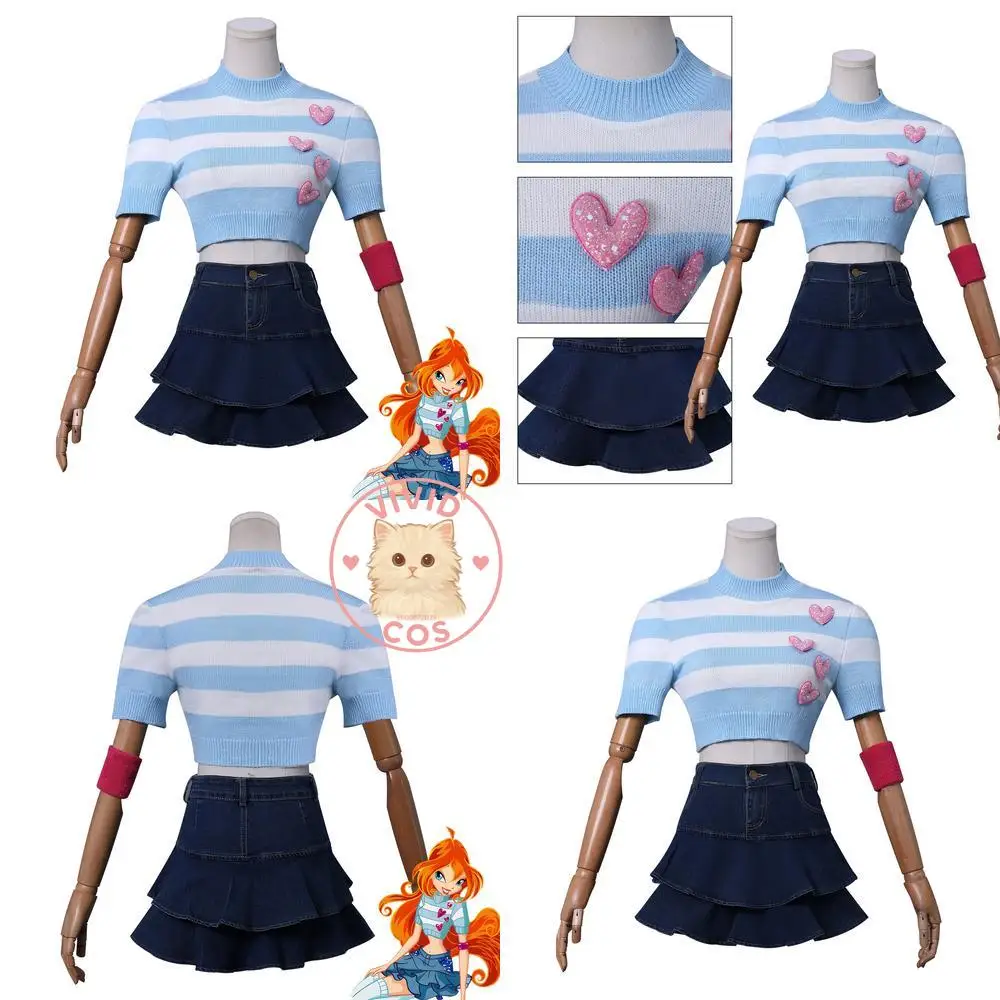 

Hot Anime Character Cosplay Costume Anime Bloom Sexy Sweater Denim Mini Skirt Fashion Role Play Women Halloween Party Outfit