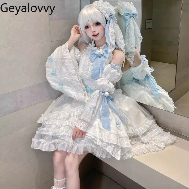 

Japanese Original Lolita Daily Princess Dress Elegant Sweet and Cute Girls High Waist Off-the-shoulder Bow White Dresses