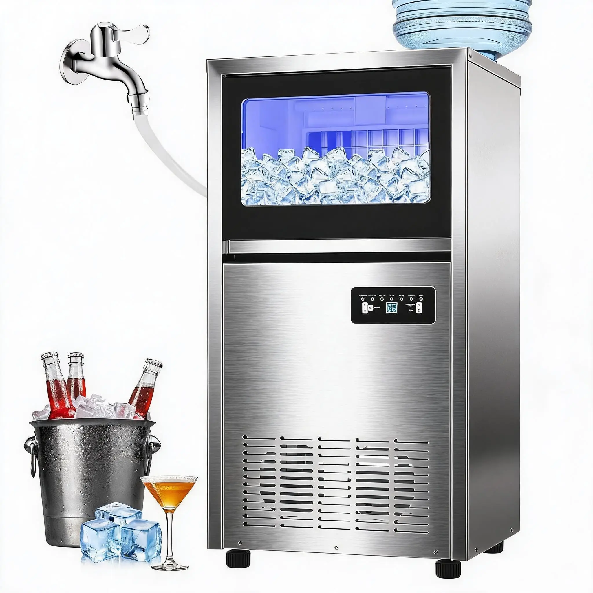 Commercial Ice Maker Machine 120lbs/24h, 36lbs Storage Capacity,Dual Water Inlet Mode,Built-in/Freestanding/Under Counter Ice Maker with Self-Cleaning, ETL Certified for Home Bar Restaurant