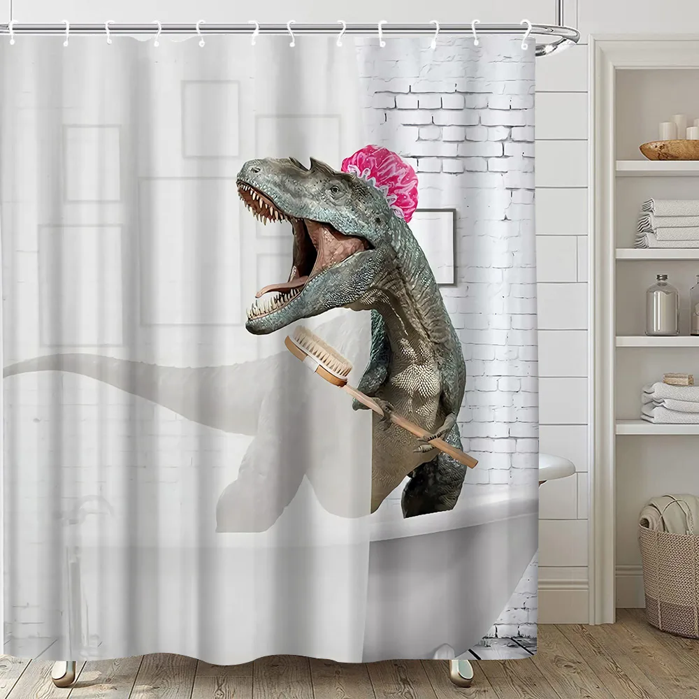 Funny Dinosaur Shower Curtains Dino Shower Curtain For Kids Boy Raptor Silhouette Black White Cartoon Animal Home Bathroom Decor