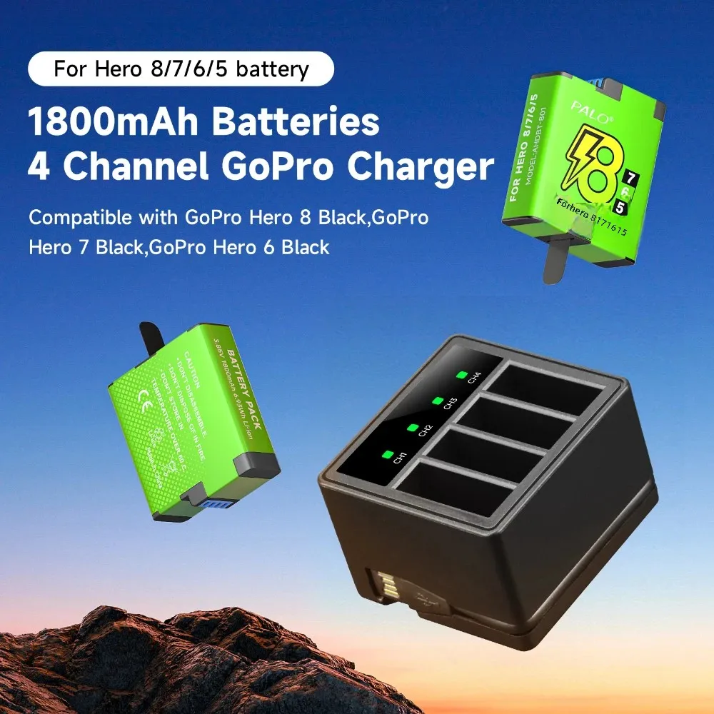 For Gopro Hero 8/7/6/5 Battery 1800mAh with 4 Channel LED Display Multifuntional Smart Charger For Gopro Hero 8 Hero 7 Hero 6 5