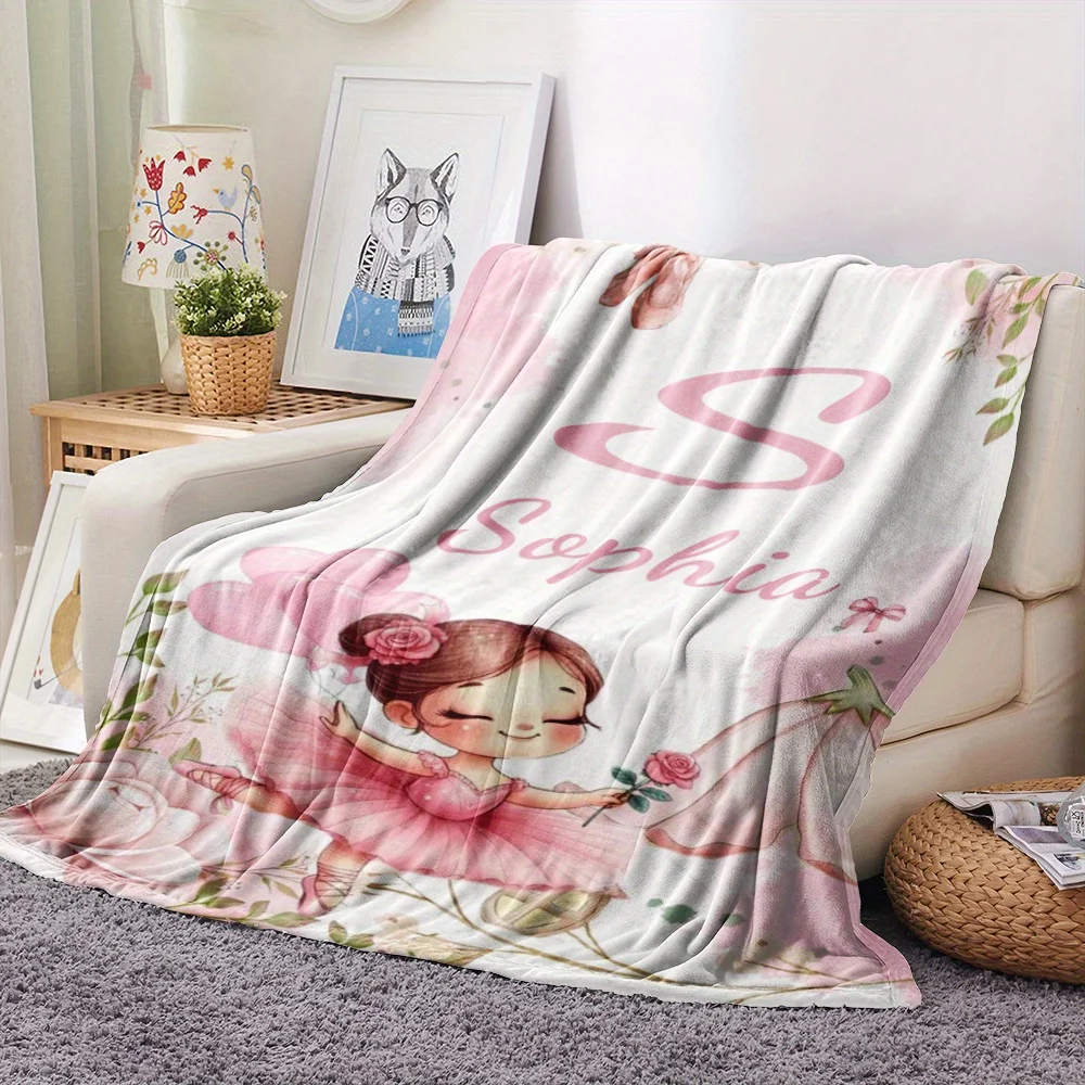 1 customized pink ballet girl and flower flannel blanket made of soft polyester fiber, machine washed, coarse knitted all season