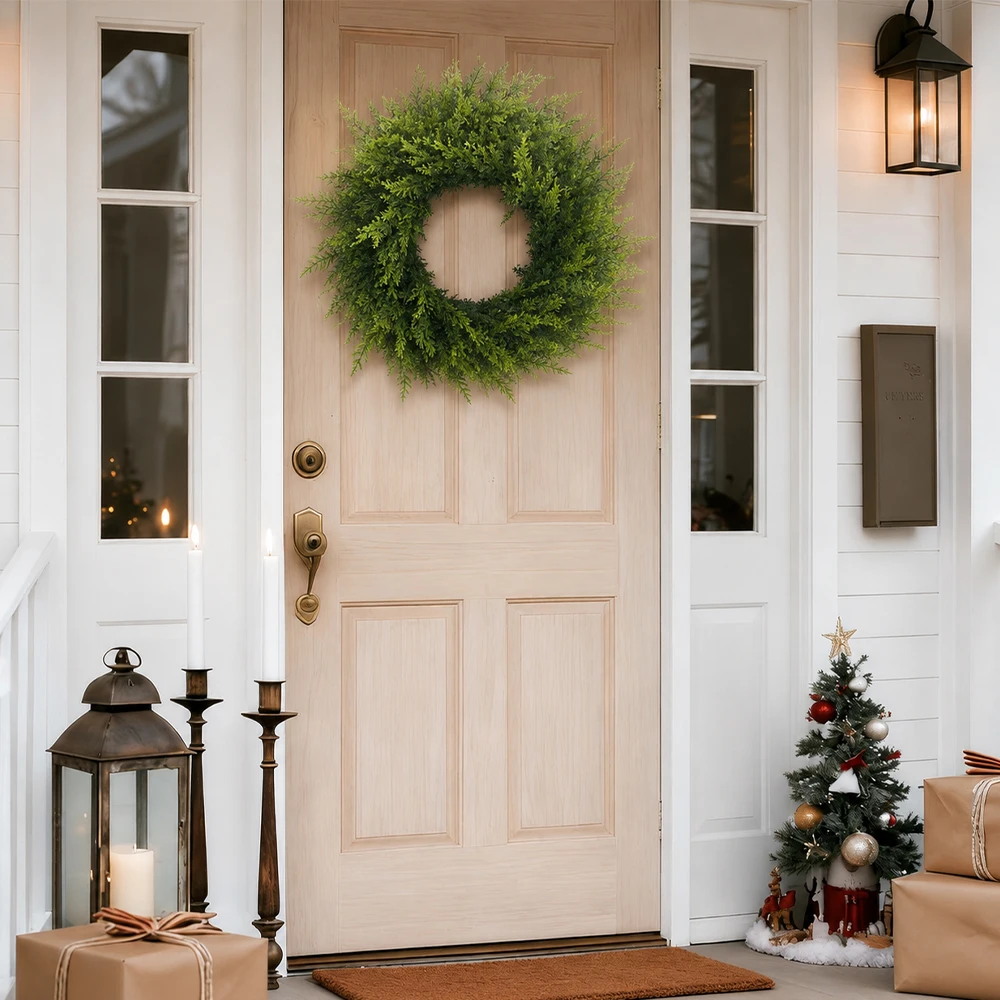 17,7 Zoll großer künstlicher Weihnachtskranz aus Kunststoff-Kiefernnadeln für Zuhause, Wohnzimmer, Veranda, Weihnachtsfenster, Bauernhaus, Außendekoration – Detail 2