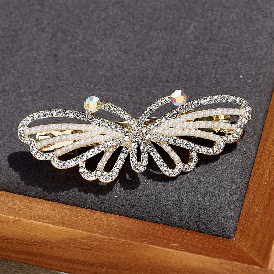 New Elegant Crystal Bow Hairpin Spring Clip Headwear Korean Women Fashion Temperament Pearl Small Jewelry Hair Accessories