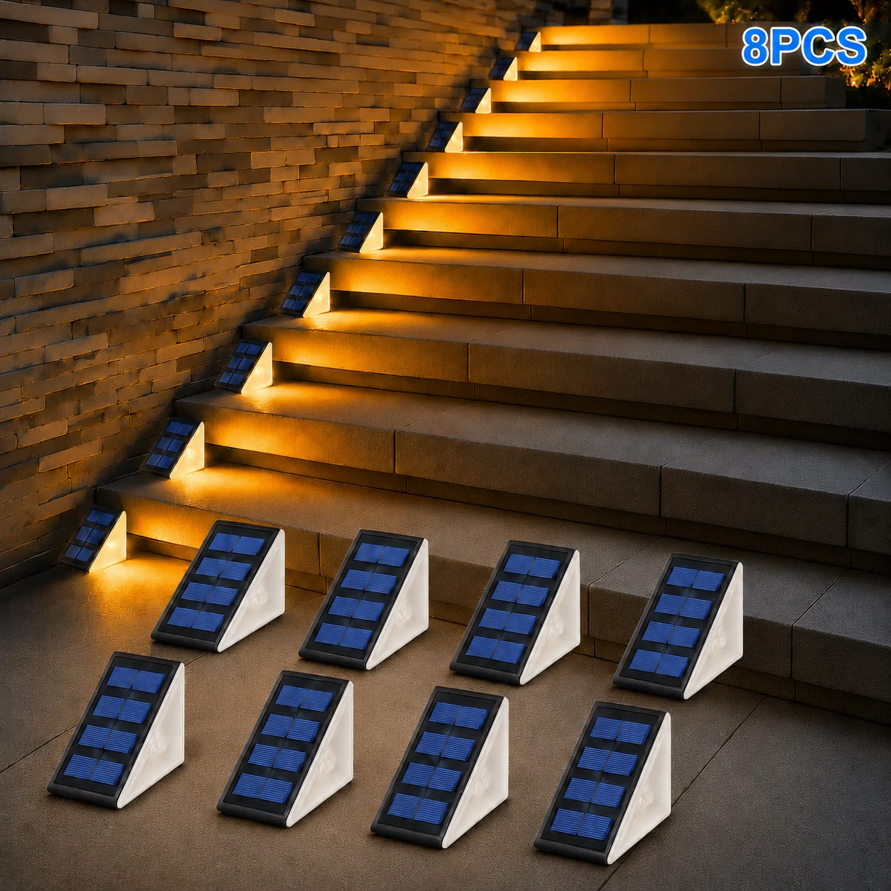 Lot de 8 lampes solaires à 3 LED pour marches, étanches, triangulaires, lumière blanche chaude, lumière blanche, couleur RGB, 8 modes, lampes solaires pour allées, marches, cour, clôture, jardin, terrasse