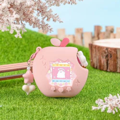 Imagen 2 del producto Funda protectora de silicona para Tamagotchi Paradise, diseño de manzana roja, rosa y verde, con panel de papel decorativo.