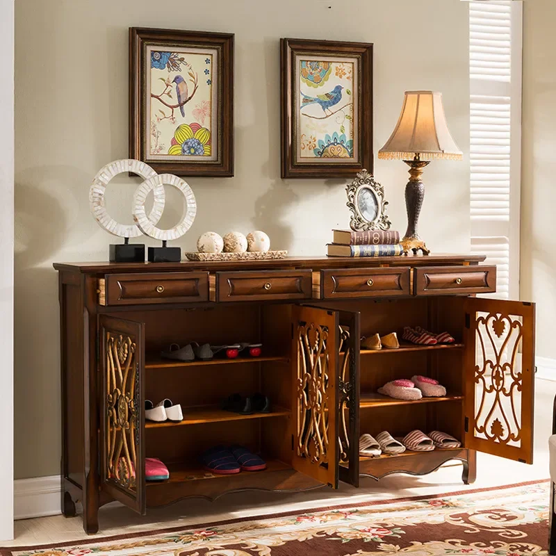 Solid Wood Entrance Shoe Cabinet Four Door Large Capacity Storage Unit with Hollow Design and Internal Partitions Walnut