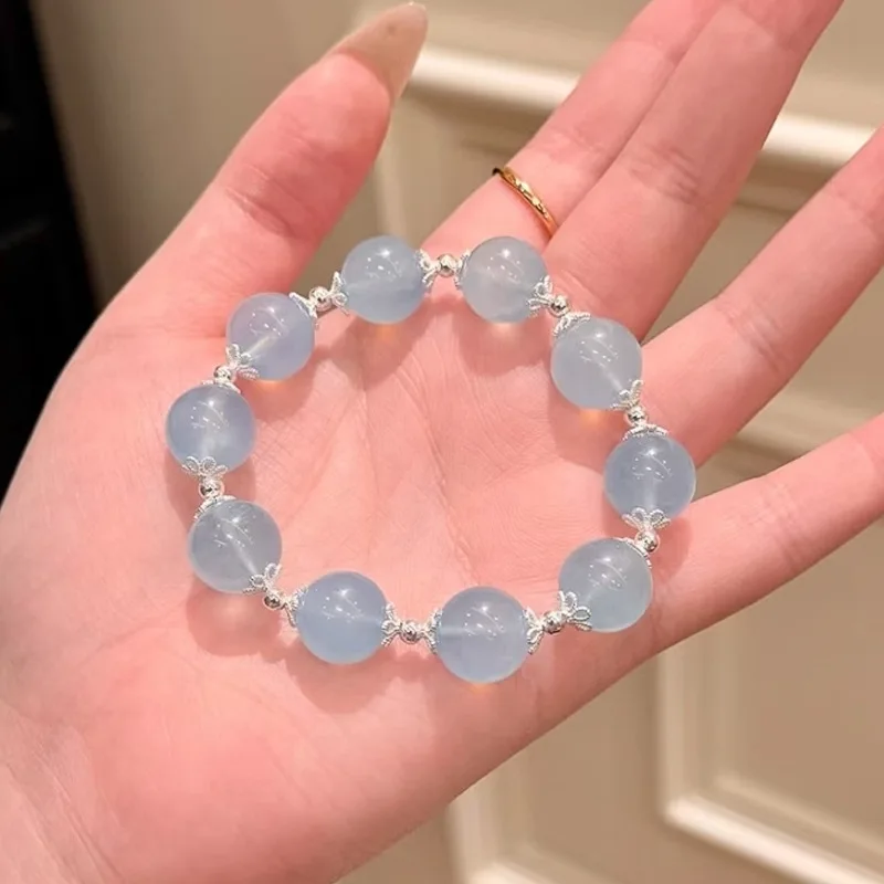 Natural Aquamarine Bead Bracelet Men's and Women's Couple Elastic Strings Amulet Good Luck Hand Chain Guardian Love Bond Jewelry