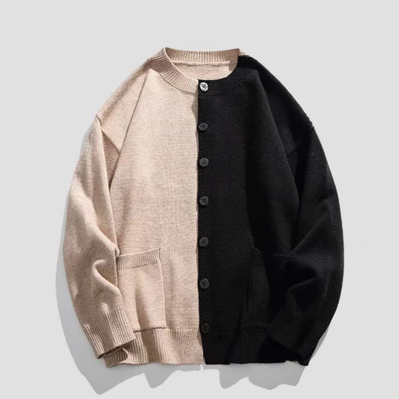 Color Block Knit Cardigan Men Loose Casual Asymmetric Button Sweater Daily Versatile Streetwear