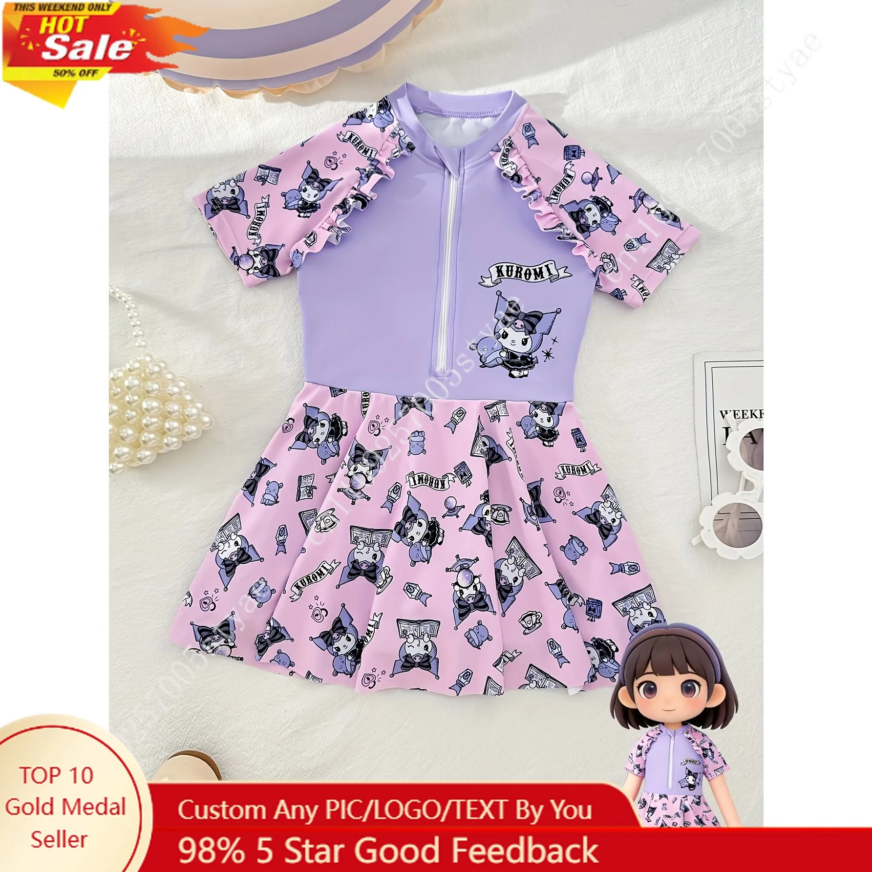 

Kuromi Swimsuit Cartoon Print One-Piece Swimsuit Girls with Zipper Swimwear Short Sleeved or Long Sleeved
