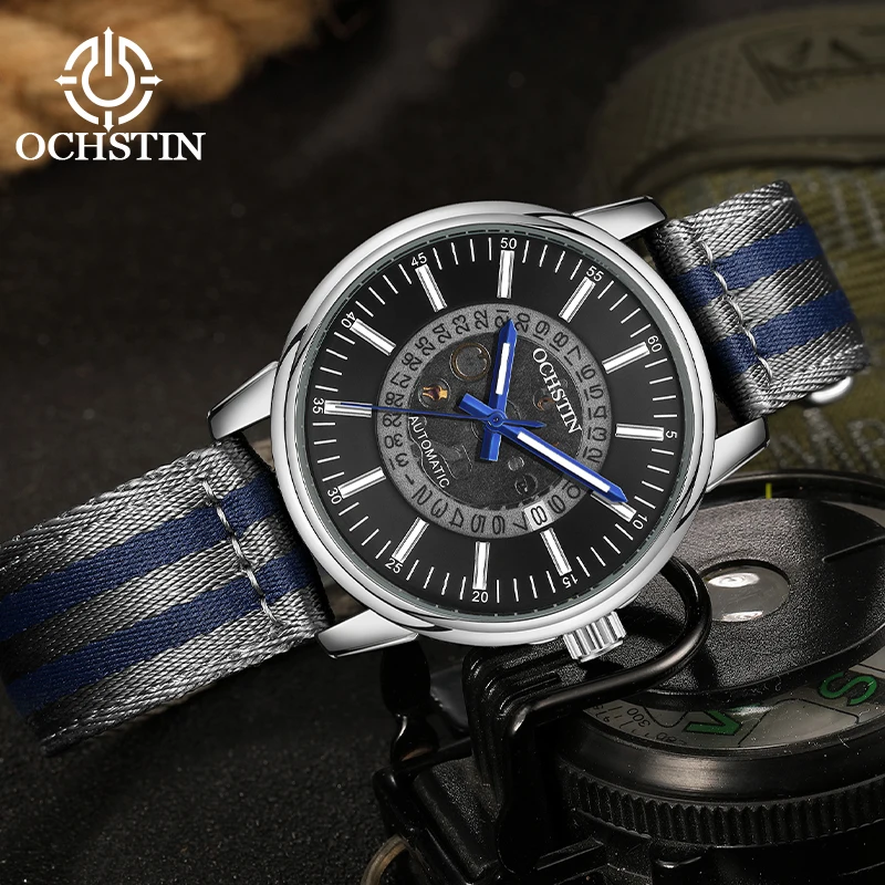 OCHSTIN Fashion Hollow‑out Automatic Mechanical Watch Men's Creative Nylon Series Comfortable Woven Nylon Wrist Luxury Clock