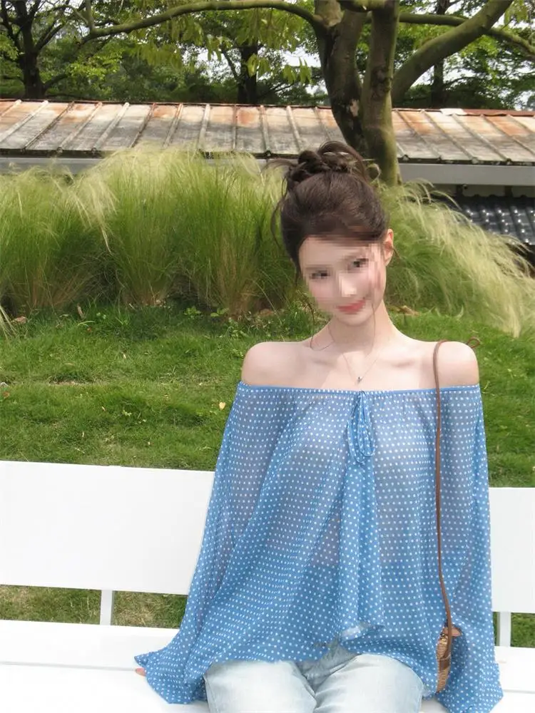 Thin Chiffon One-Shoulder Long Sleeve Women's Top Summer Sweet Spicy Loose Micro-Transparent Design Dot Pattern Korean Style