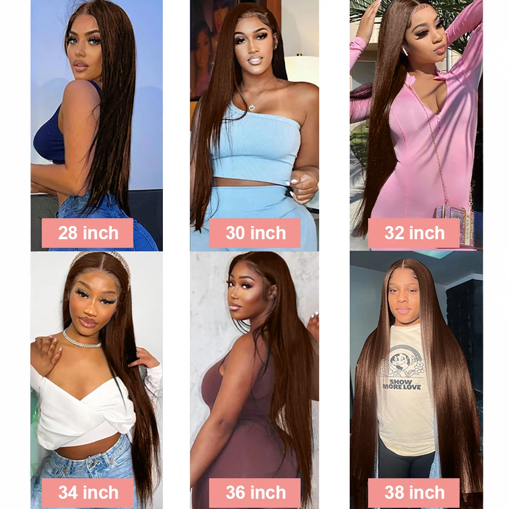 # 4 باروكة من شعر طبيعي بني بالشوكولاتة ملون مستقيم 13x4 13x6 HD باروكات من الشعر الطبيعي بدانتيل أمامي 250 كثافة 36 40 بوصة للنساء