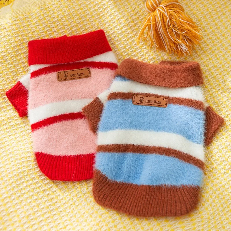 Winter Dog Clothes Thickened Warm Sweater Teddy Striped Knit Bikini Bear Coldproof Two Legs Clothes Pet Supplies