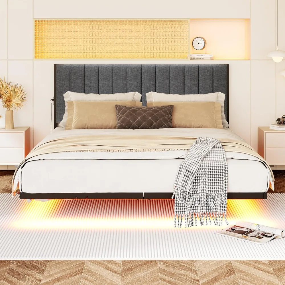 إطار سرير كامل عائم مع أضواء LED ومحطة شحن، إطار سرير بمنصة معدنية بالحجم الكامل مع لوح رأسي منجد، بدون صندوق #1