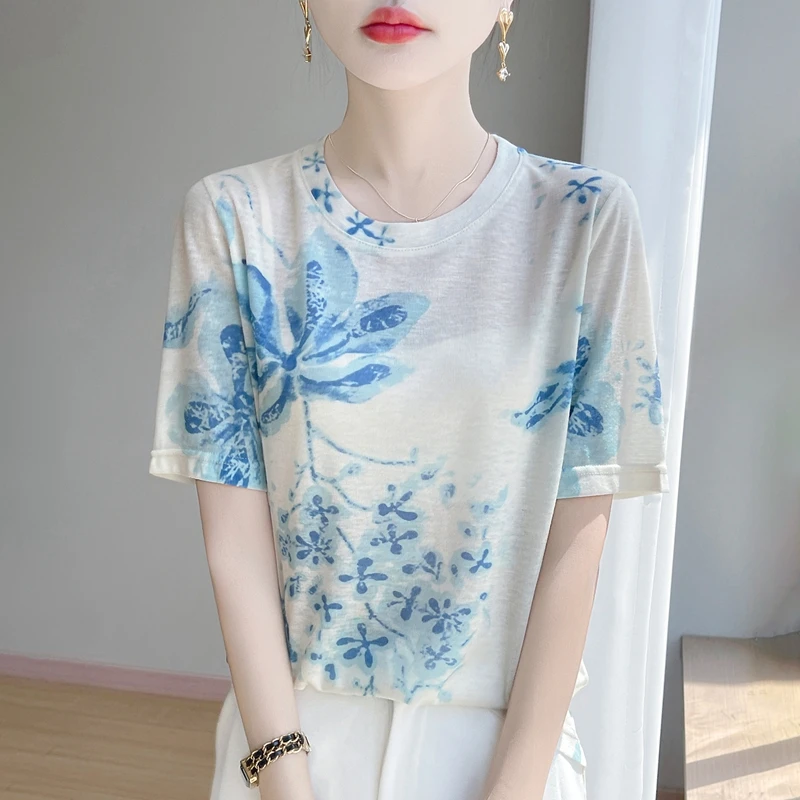 

Summer Round Neck Acetic Acid Satin Short Sleeve T-shirt Women's Simple Half Sleeve White Blouse With Thin Inside