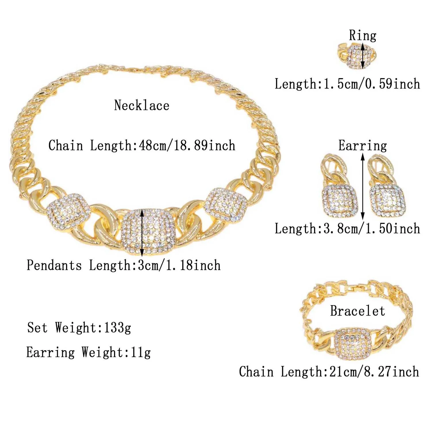 Women Jewelry Set Fashion Dubai Gold Plated Necklace Colorful Rhinestone Earrings Ring Girls Gift Sets SYHOL