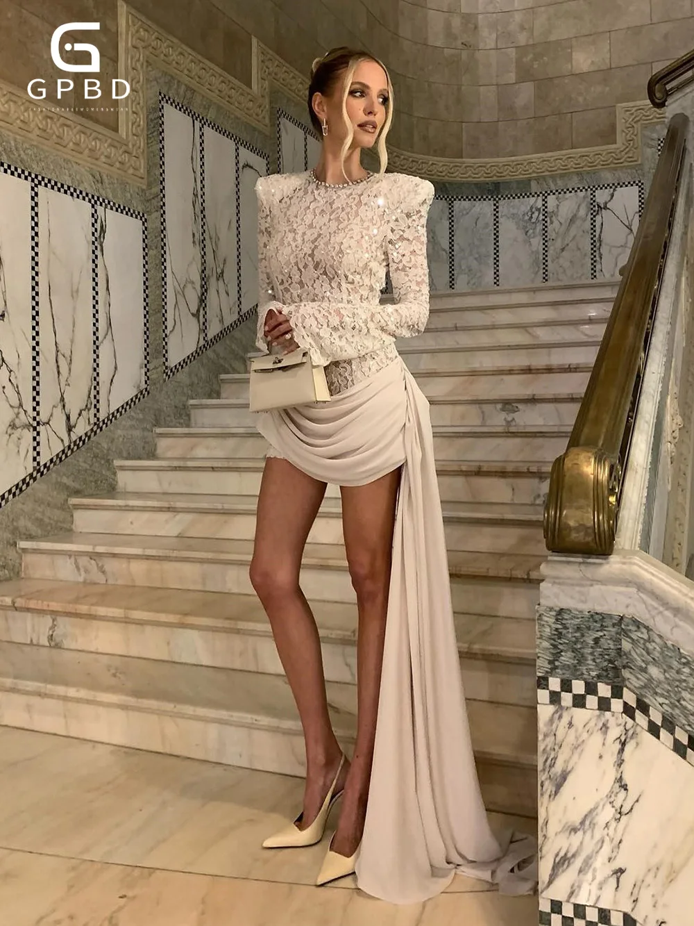 عالية الجودة المرأة الدانتيل الترتر انفصال الشريط تصميم سليم فستان قصير بأكمام طويلة أنيقة المشاهير المدرج رداء حفلات