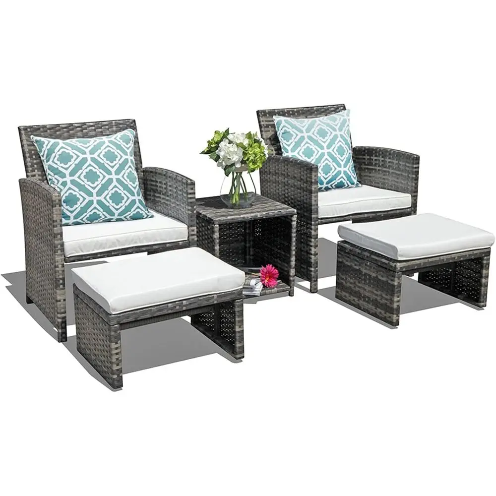 

White 5-Piece Wicker Patio Furniture Set with Table, Chairs, Ottomans, and Pillows for Balcony, Porch, or Deck