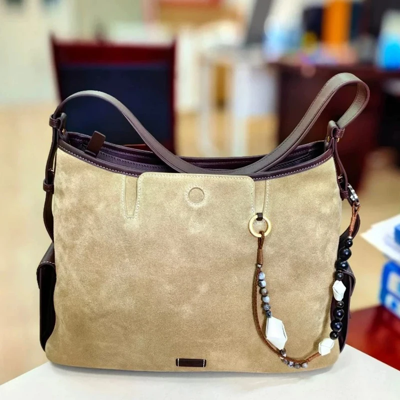 

Faux Suede Tote Bags For Women Luxury Designer Handbag Purse 2025 New In Vintage Button Beaded Pendants Medium Underarm Shoulder