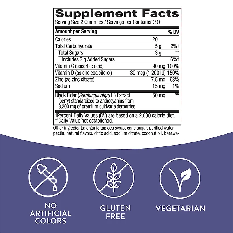 Elderberry Gummies - with Vitamins C, D and Zinc - Antioxidant, Promotes Skin Health, Enhance Immunity, Nutrient Absorption