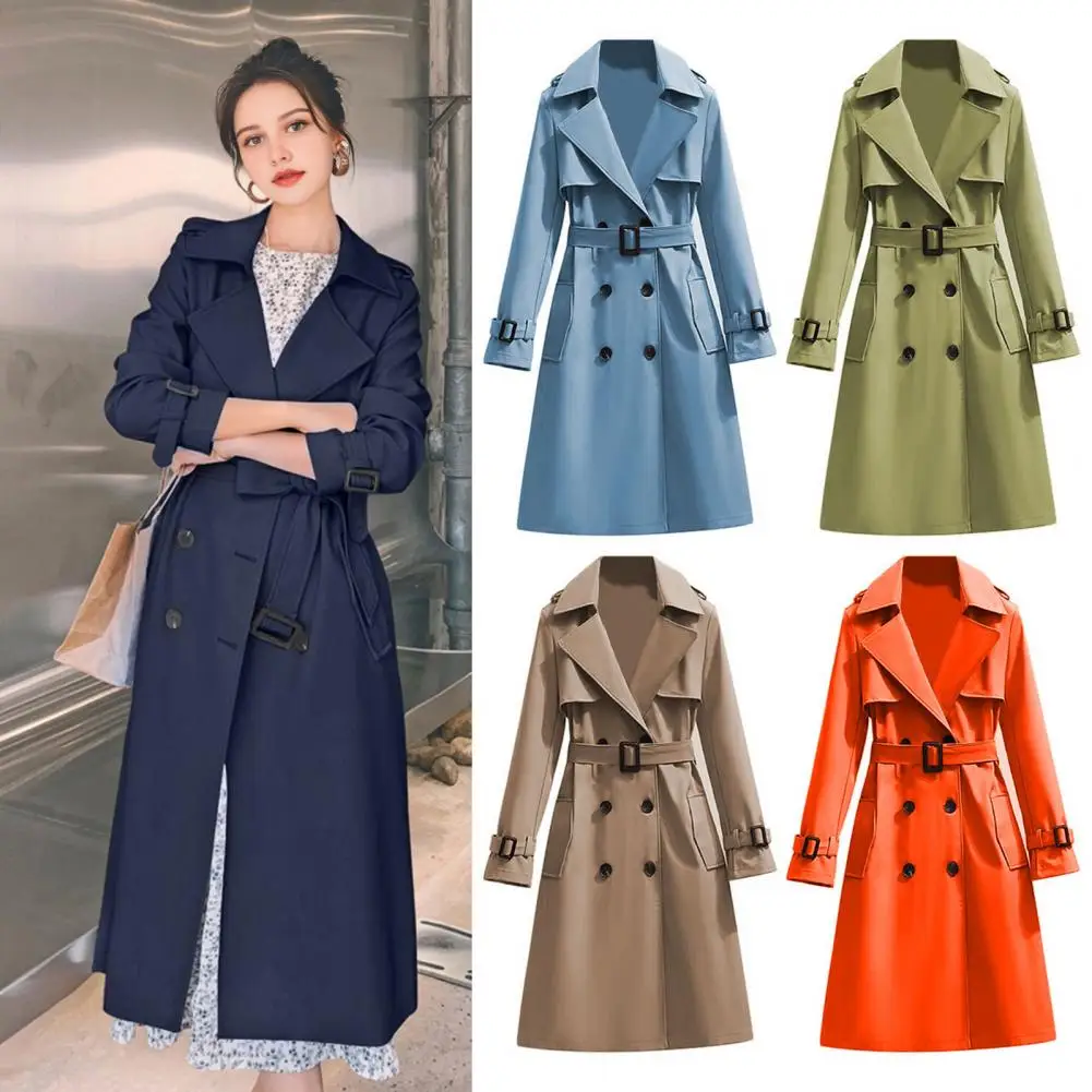 Women Trench Coat Polyester Trench Coat Women’s Double Breasted Trench Coat Belted Notch Lapel Overcoat Classic Long for Fall