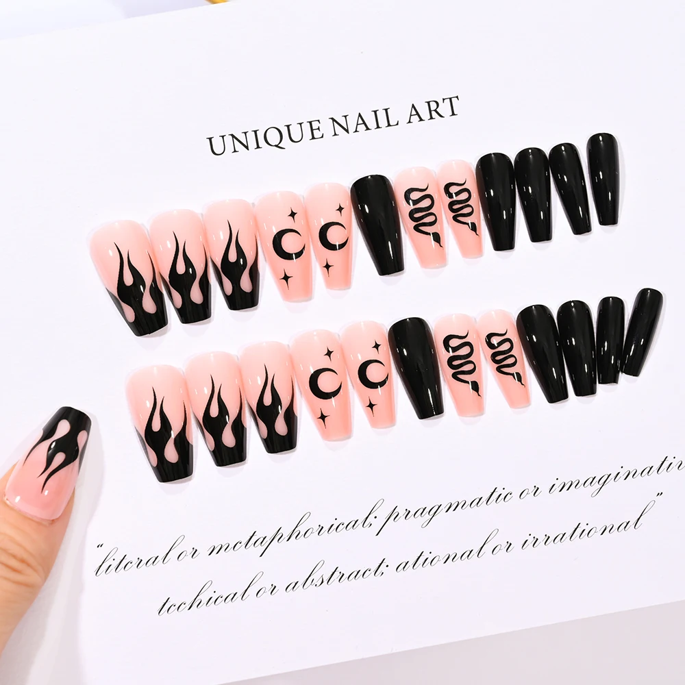 Press on Nails Halloween Medium Length Coffin Black Fake Nails Scary Mask Face Nail Tips Halloween Design 3D Glossy Acylic Nails